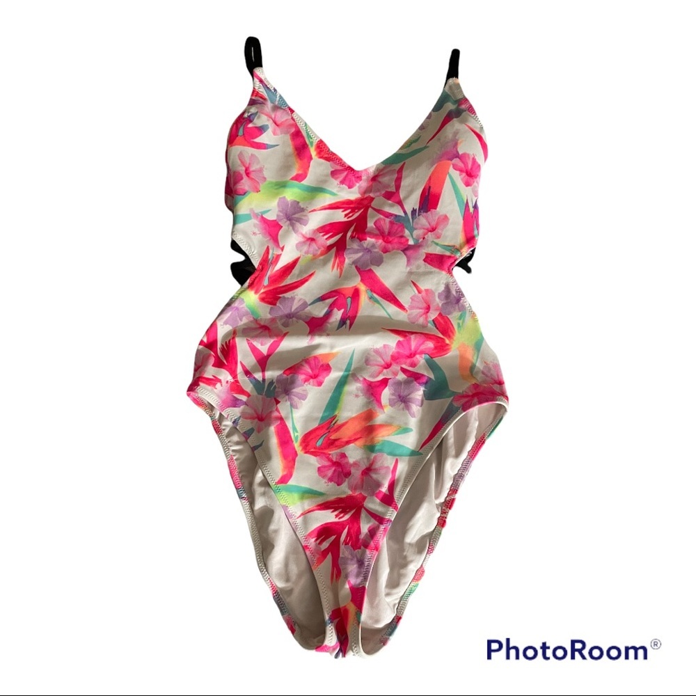 PINK Victoria’s Secret White and Neon Tropical Flowers One Piece Small